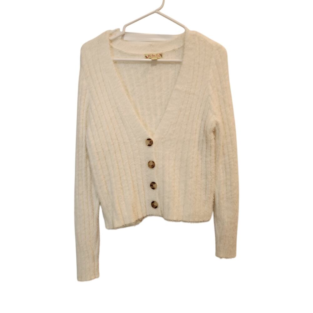 It's Our Time White V-Neck Cozy Faux Fur Button Front Cardigan Sweater Size XL